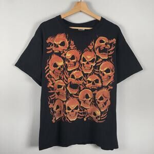Y2K Liquid Blue Flame Skulls Pile T Shirt Mens Large Tee Grunge Fire Vintage